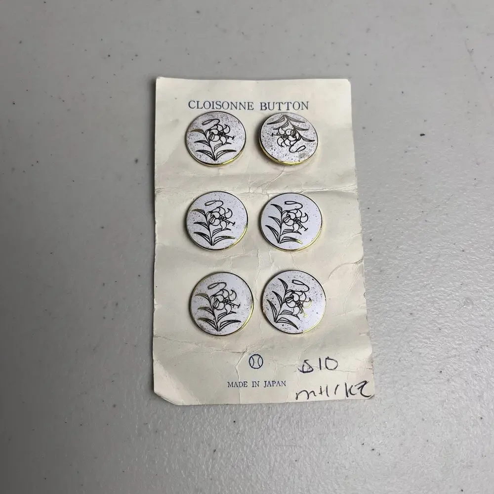 Japanese Cloisonne Enamel Buttons Original Card Japan White ENAMEL LOSS spots